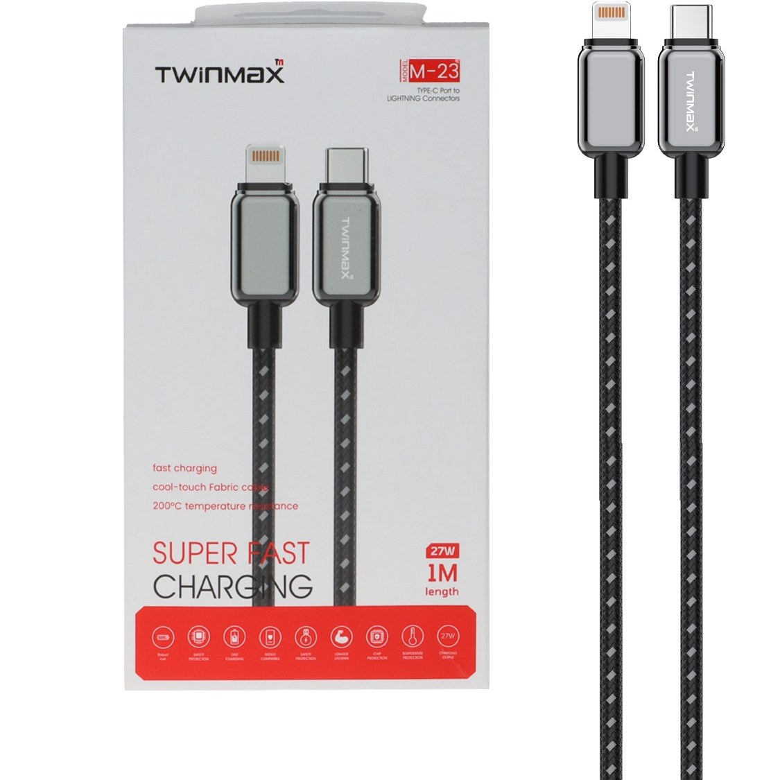 کابل شارژ فست TwinMax Type-C to Lightning مدل M-23 27W - مشکی